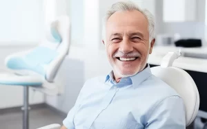 גימלאי מחייך על כיסא של רופא שיניים